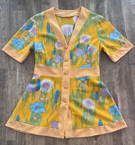 Vintage 60s 70s Mod Floral Tunic Top Italy Balyma Milano Small Boho Psychedelic - Image 1