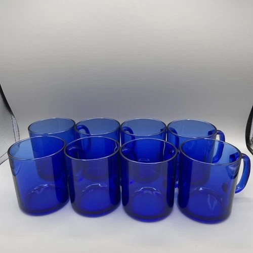 Vintage Cobalt Blue Glass Mugs Set Of 8 Cups Made In France