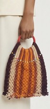 Vintage 70 s Crochet Handbag Boho Stripped W/ Red Ring Handle Beads Retro