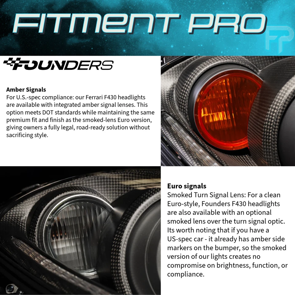 Founders 16M Carbon Fiber LED Headlights For 2005-10 Ferrari F430 LHD Amber Lens - Изображение 4 из 4