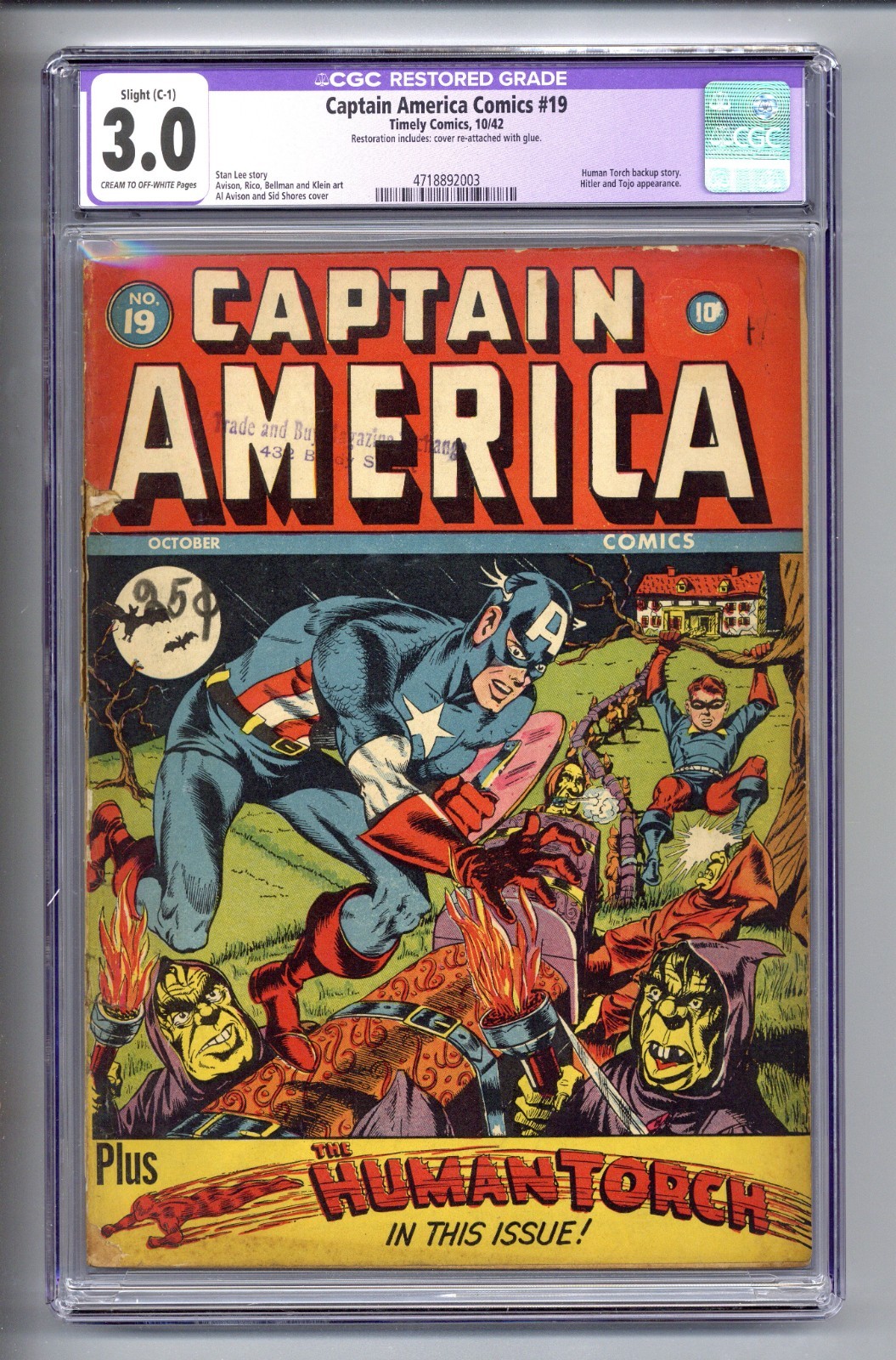 Captain America Comics 19 (CGC Restored 3.0) Human Torch Hitler Tojo 1942 Timely