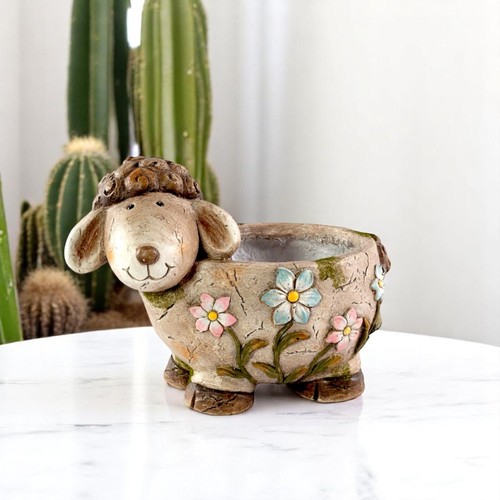 Fioriera per pecore in cemento con disegno floreale 33,5 cm decorazione giardino simpatico vaso per animali - Foto 8 di 9
