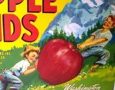 Apple Kids Fruit Crate Label Boys Rolling Up Mountain Original Vintage 1950's 