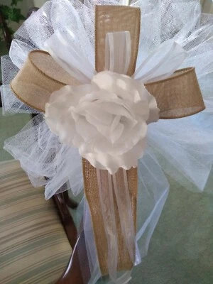 10 pc burlap wedding pew bows white with white rose with burlap or any color - Image 1 of 3