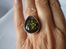 Baltic Green Amber ring, size N/O, 21mm x 17mm, 5.39 grams 925 Sterling Silver