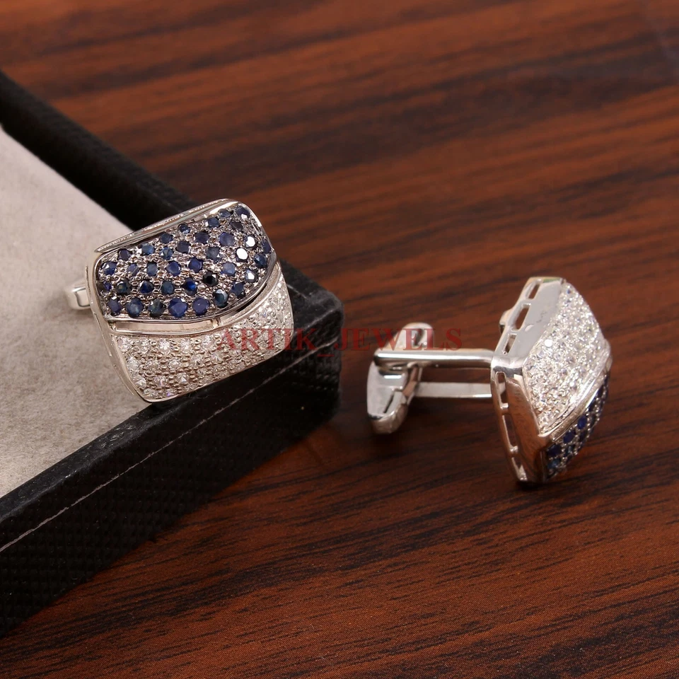 Heizbarer Blauer Saphir Edelstein Mit 925 Sterling Silber Manschettenknopf #3607 - Bild 2 von 3