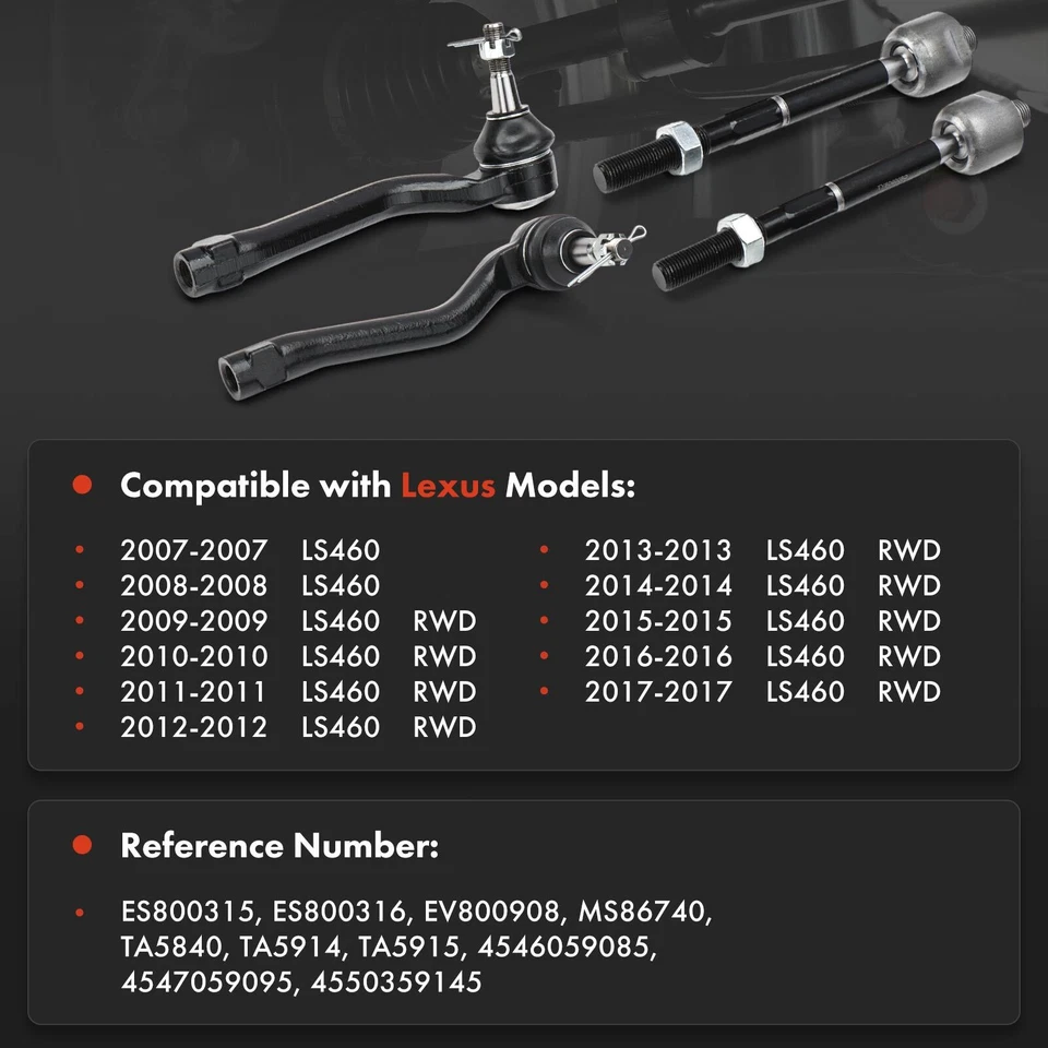 4x Front Inner & Outer Tie Rod End with Ball Joint for Lexus LS460 2007-2017 RWD - Image 2 of 4