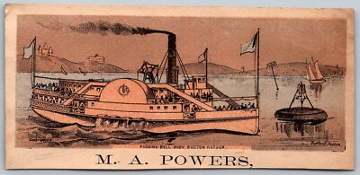 Steamboat Passing Bell Buoy Boston Harbor Victorian Trade Card M.A. Powers