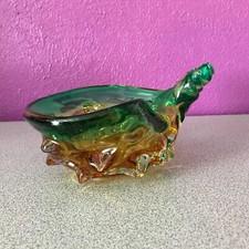 Hand Blown Art Glass Conch Sea Shell Candy Trinket Dish Green Gold Decor