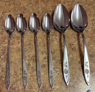 6 Pcs Oneida Community  MY ROSE  Flatware (4) Ice Tea Spoons (2) Serving Spoons