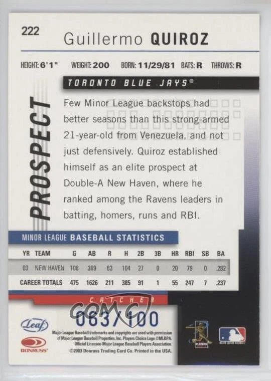 2004 Leaf Prospect Press Proof Blue /100 Guillermo Quiroz #222 - Image 2 of 2