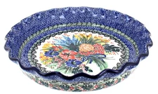 Blue Rose Polish Pottery Summer Blooms Pie Plate