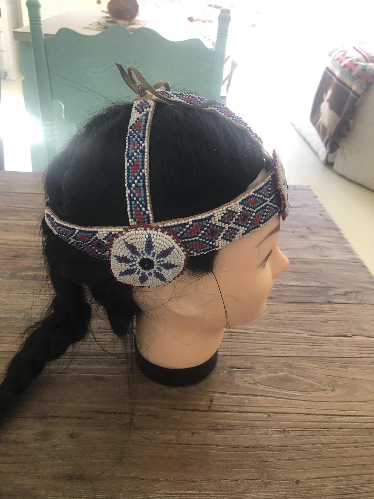 Vtg Native American War Indian Warrior Beaded  Dance Headdress Headband Drum