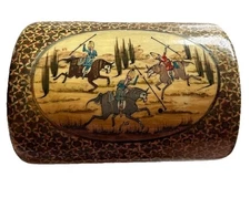 Vintage Persian Khatam Marquetry Wood Inlay Trinket Box Men Playing Polo Scene