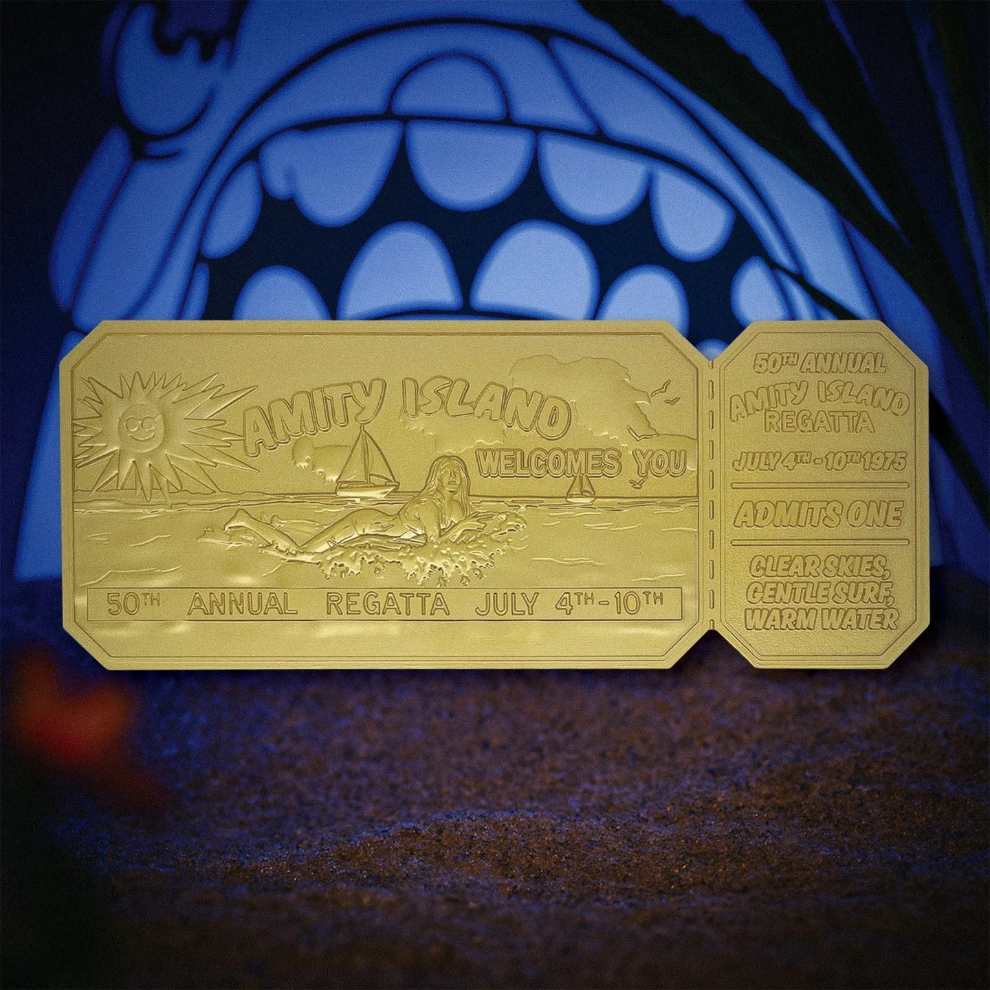 Ticket Jaws doré 24 carats, l'accessoire Regatta 1975 pour décoration home cinéma