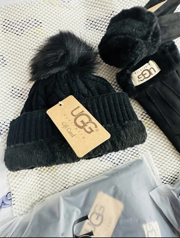 Juego de guantes y gorros UGG de invierno, UGG tejidos con cable con forro polar color negro Foto 2 de 4
