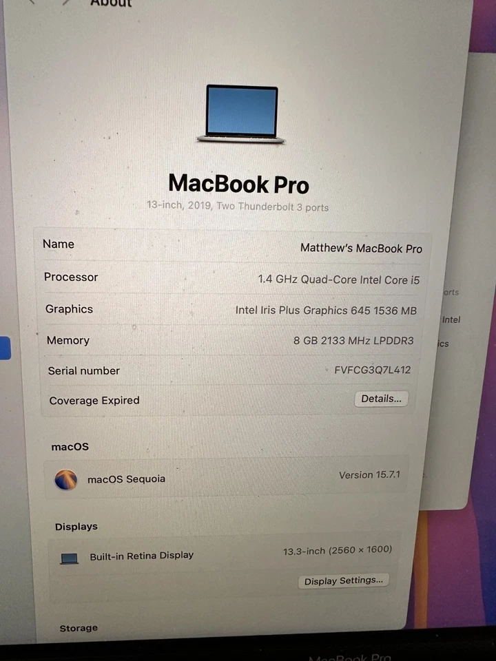 Apple MacBook Pro 13" 2019 TouchBar i5 8GB ram 250GB ssd (A2159) - Image 4 of 4