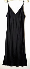 Express S Slip Dress Black Satin V Neck Midi Side Slits Sexy Whimsigoth Vampy