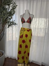 Tropical Hawaiian Yellow Red Hibiscus Floral Wrap Sarong Skirt One Size Cover