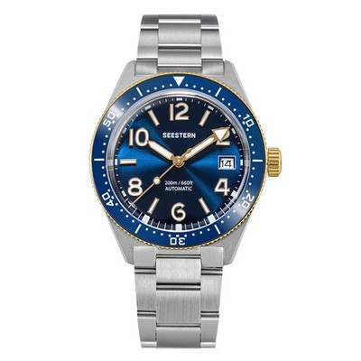 Seestern S434-2 Automatik Silber Blau Gold Datum Mesh Saphir Herrenuhr