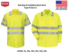 NEW Red Kap Hi-Visibility Type R Class 3 SAFETY Work Shirt Yellow Reflective HR