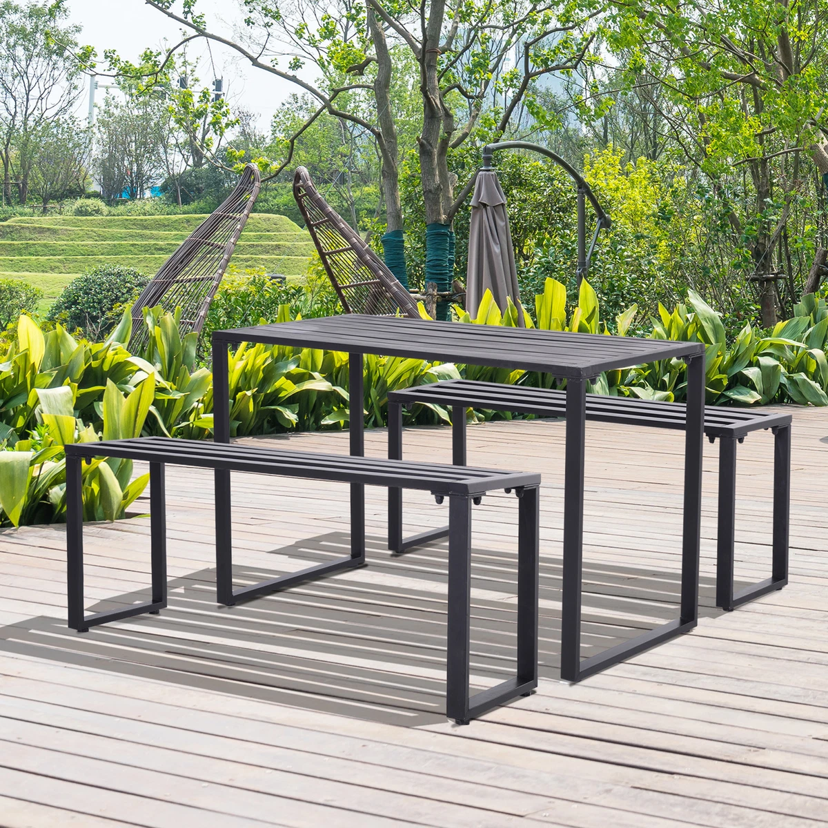 3Pcs Outdoor Dining Set Metal Picnic Beer Table Bench for Patio