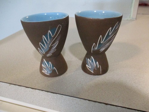 pair of hand made hand painted morning  egg cups serveware