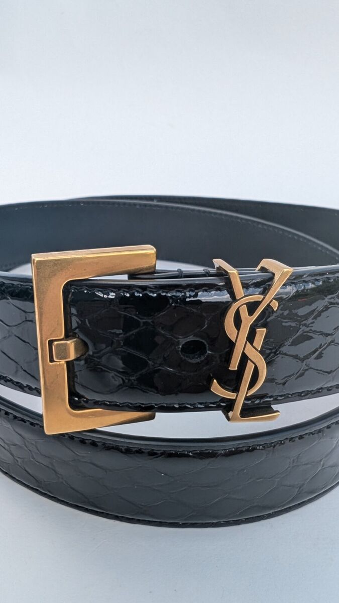 SAINT LAURENT Cassandre embellished croc-effect leather belt SAINT LAURENT Cassandre embellished croc-effect leather belt