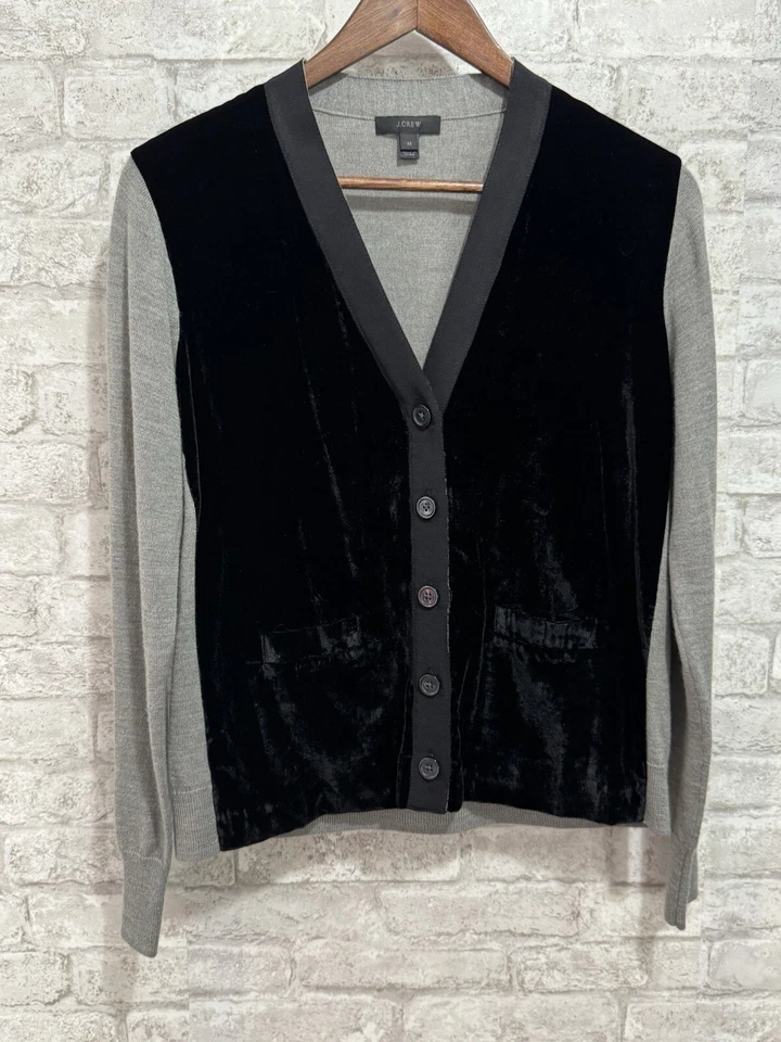 Cárdigan Suéter J Crew Harlow Gris y Negro Terciopelo Mezcla Lana Merino Talla Mediana Foto 2 de 4