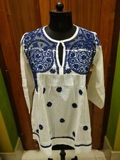 TUNIC 100 COTTON TOP M 40" XL 44" ETHNIC HANDMADE CHIKAN EMBROIDERY KURTA KURTI