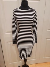 Forever 21 unique black white striped side cutout long sleeve bodycon dress S
