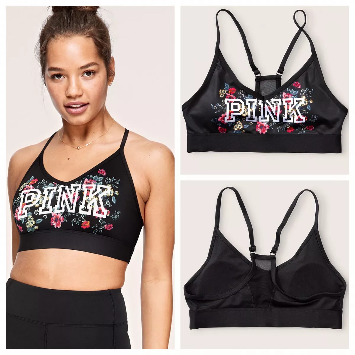 Vs Victorias Secret Pink Ultimate Lightly Lined Sports Bra Top Black Floral  M