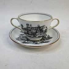 New/Royal Chelsea Porcelain Courting Scene Bouillon Cup and Saucer