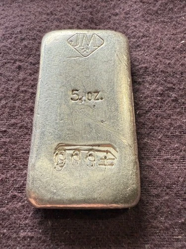 Vintage Johnson Matthey 5oz Fine .999 Silver Poured Bar * Rare Error Minted  100