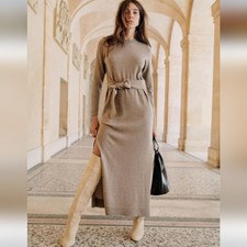 Sezane Piana Heather Brown Wool Midi Dress Size S