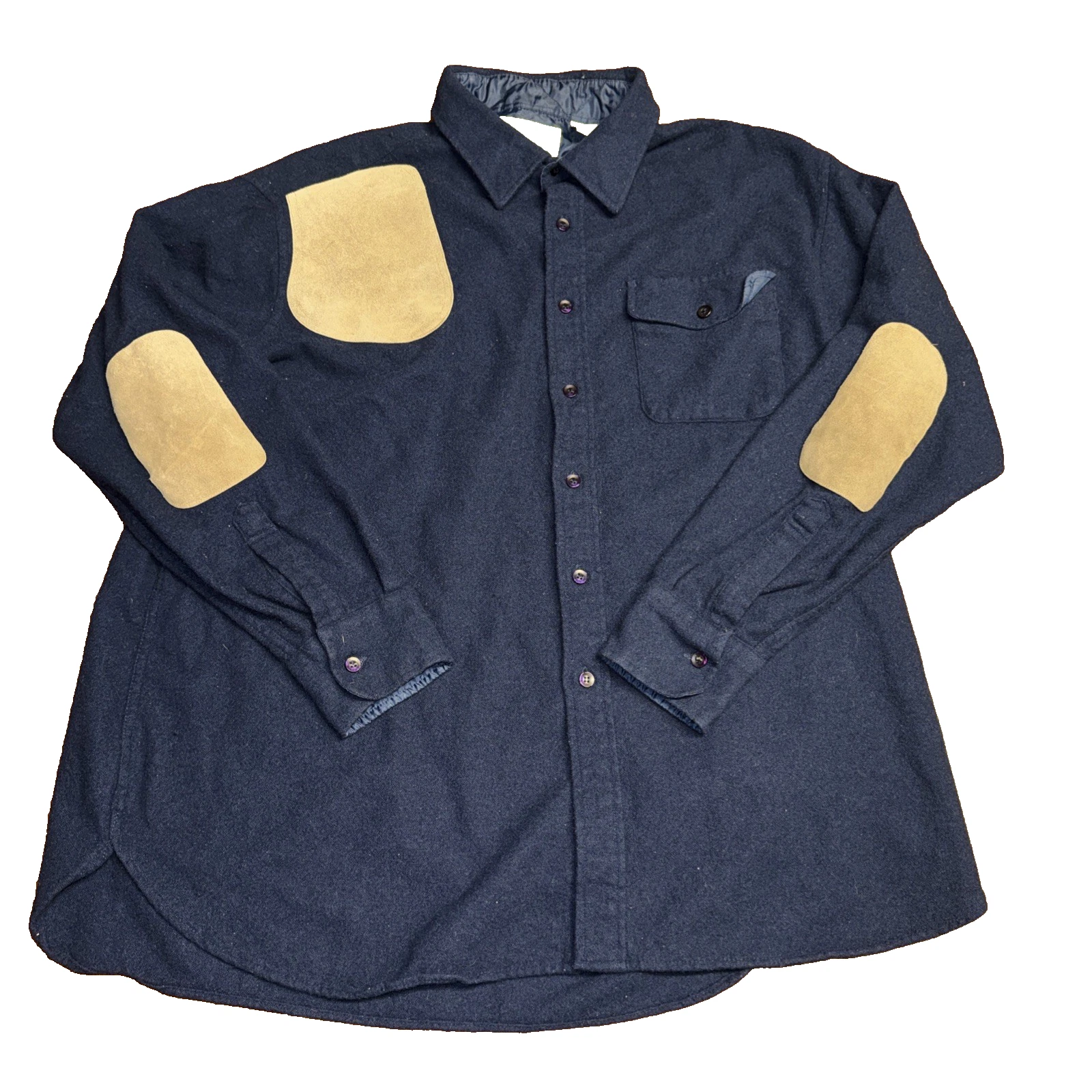 Gander Mountain 3XLT Navy Blue Leather Patches Button Up Wool Shirt Long Sleeve