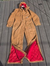 Vtg Carhartt Red Duck Quilt-Lined Coveralls w/ Hood Women's Sz 6-8 Tan Rare