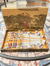 Chinese Porcelain Chopstick Set Peking Opera Masks w/ Rests Boxed (1 Missing)