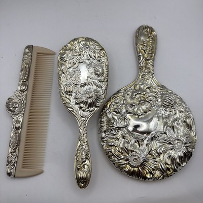 Vintage Vanity Set Silver Plate Hand Mirror Brush Comb 3 Piece Ornate