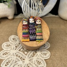 Vintage Guatemalan Worry Dolls Handmade Folk Art Set in Round Wooden Trinket Box