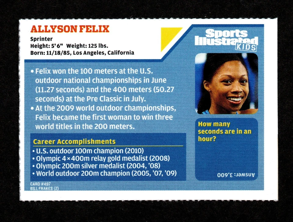 Sports Illustrated For Kids 2010 Allyson Felix Olympic EE. UU. Sprinter RC HOF Foto 2 de 2