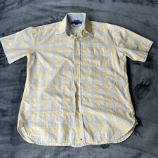 Tommy Hilfiger Mens Yellow Blue Plaid Short Sleeve Button Up Collar Shirt Med