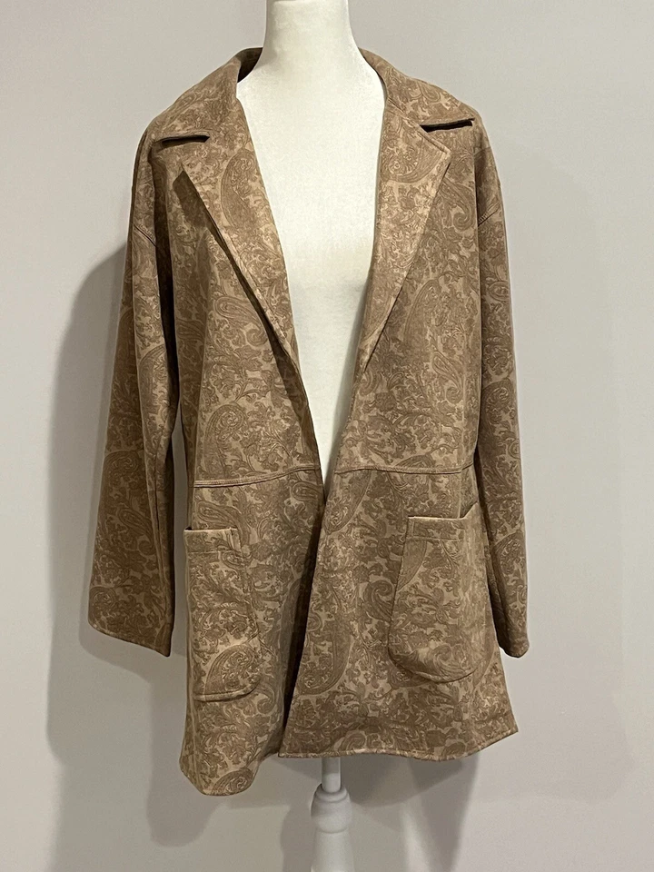 Soft Surroundings Malika Jacket New Small Faux Suede Paisley Embossed Beige Open - Image 2 of 4