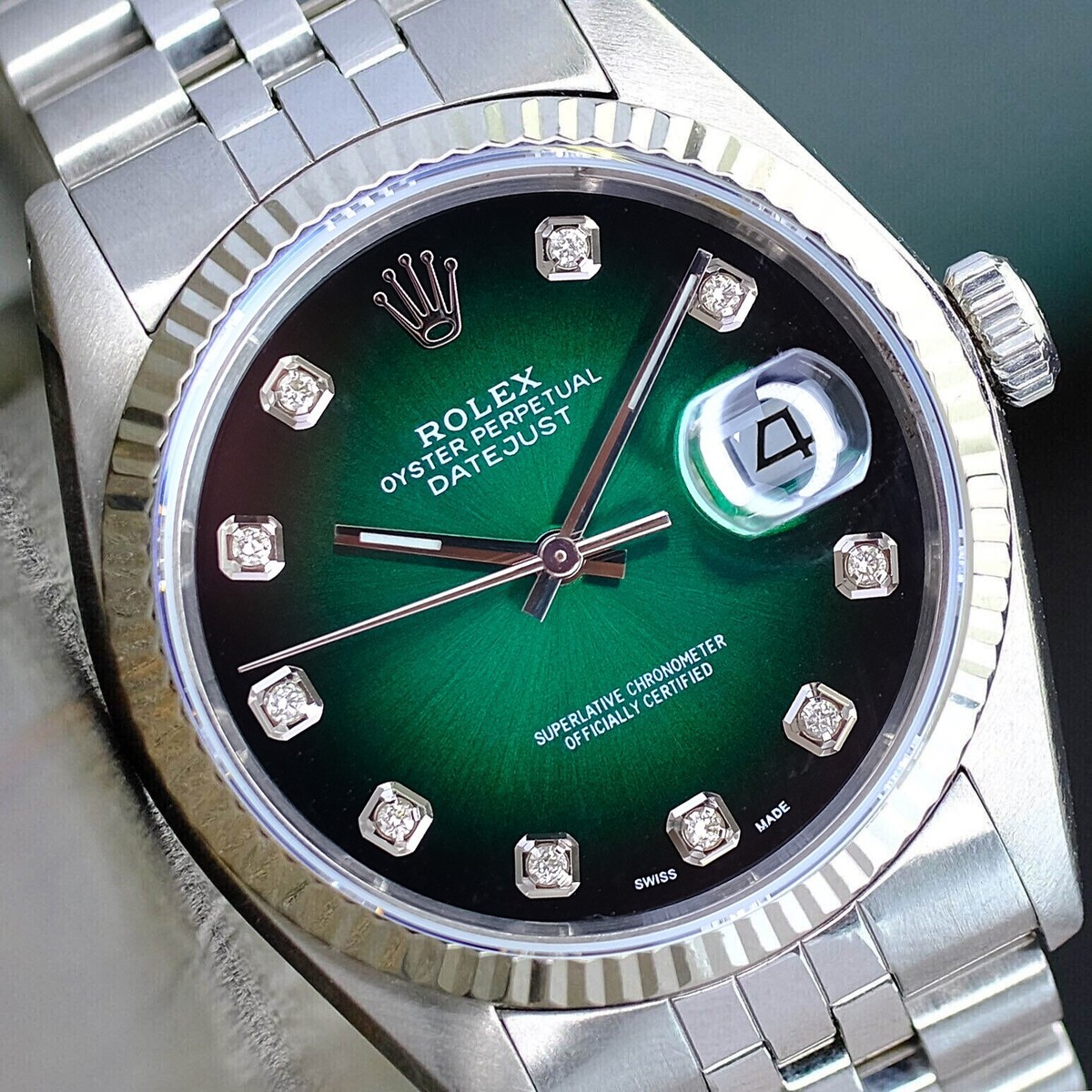 Rolex Datejust 16014 Green Vignette Diamond Dial 18KW Fluted Bezel