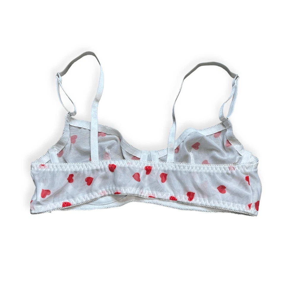 Women's White Red Heart Print Sheer Mesh Unlined Lingerie Underwire Bra Small - Image 2 of 4