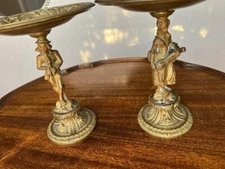 Antique Brass Compote Dish Pair Stands Male Female Figurine Centerpiece