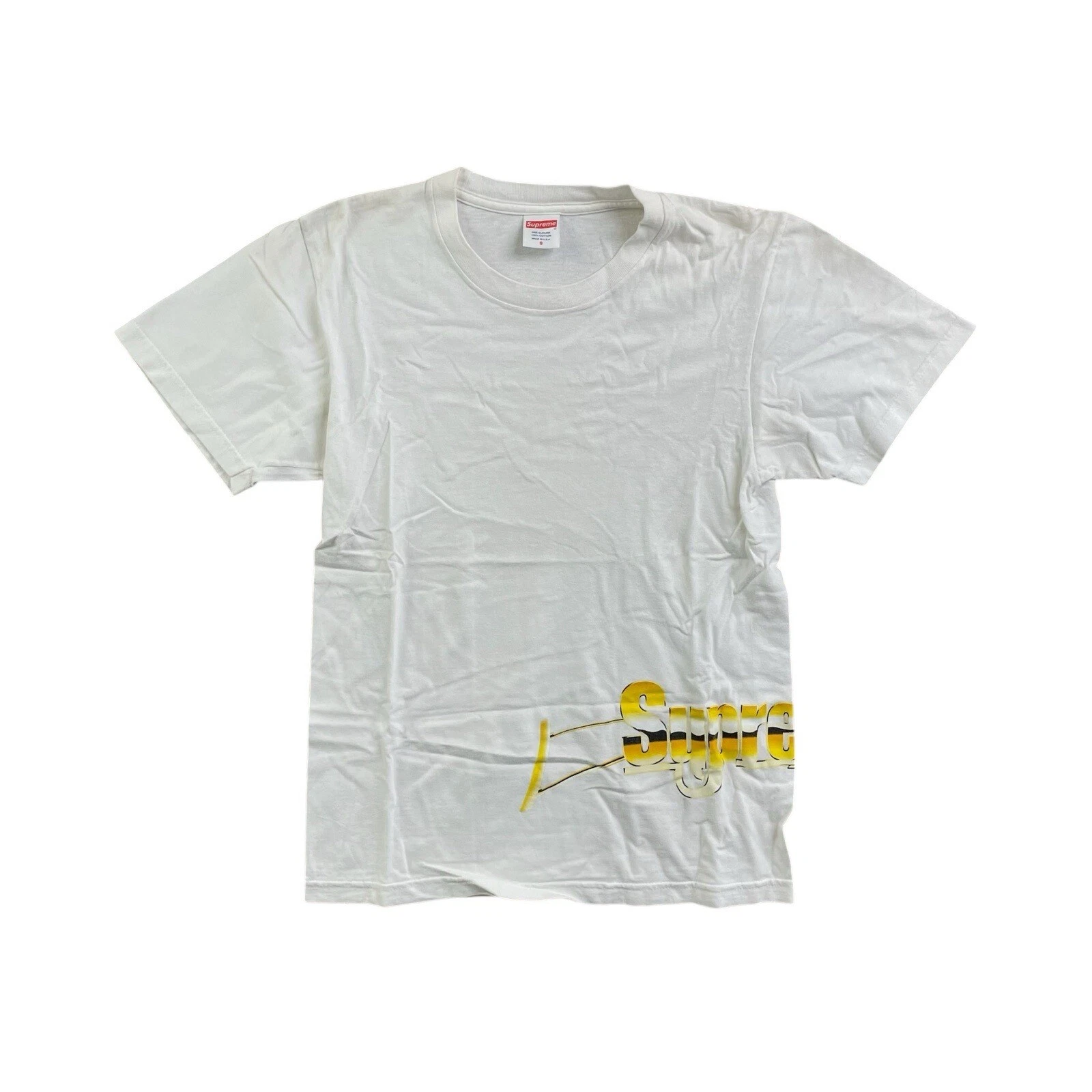 T shirt homme Supreme taille S imprimé pistolet doré streetwear 2018 coton blanc année 2000