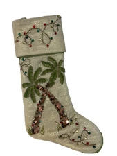 Frontgate Bay Gold Beige CHRISTMAS BEADED & SEQUIN STOCKING~Palm Tree*Ivory~NEW