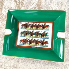 Vintage Hermes Porcelain Cigar Ashtray Change Tray Ecuries Horse Green