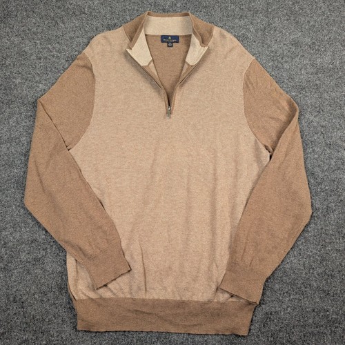 Brooks Brothers Mens XL Quarter Zip Sweater Tan Brown Cotton Cashmere Colorblock